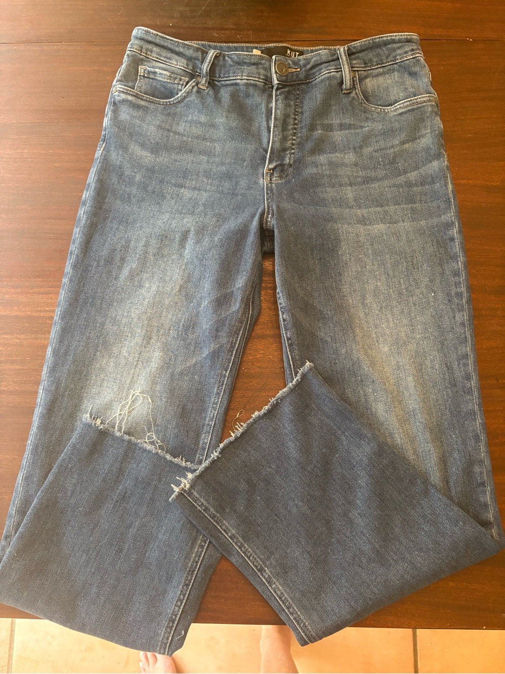 Kut from the Kloth Distressed Medium Blue Straight-Leg Jeans